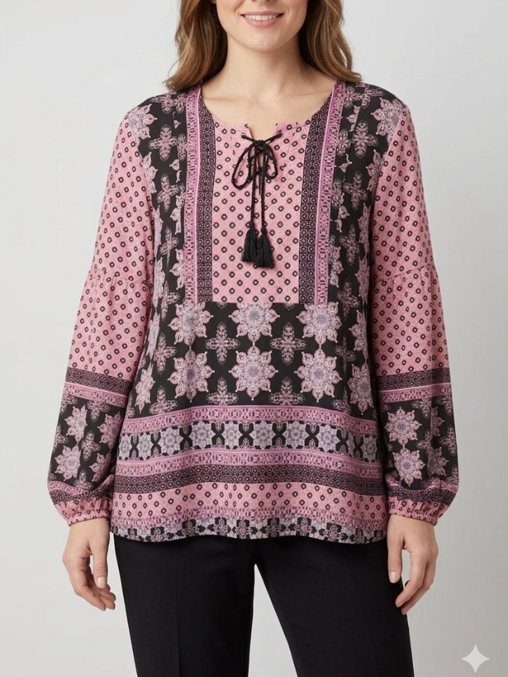 Style & Co. Womenʻs Medium Pink and Black Lace-Up Boho Tunic